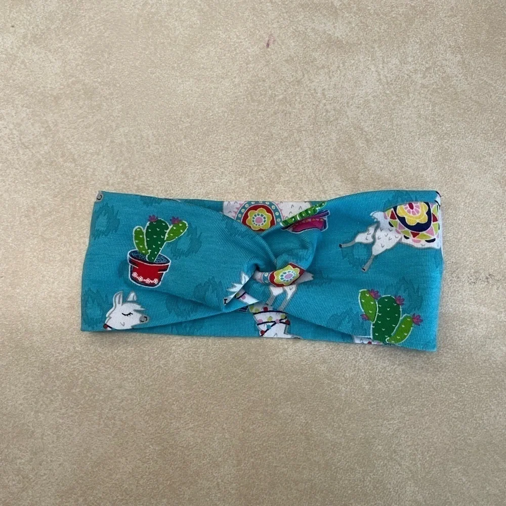 Toddler Girls Blue White Llama Print Handmade Knot Headband NWOT